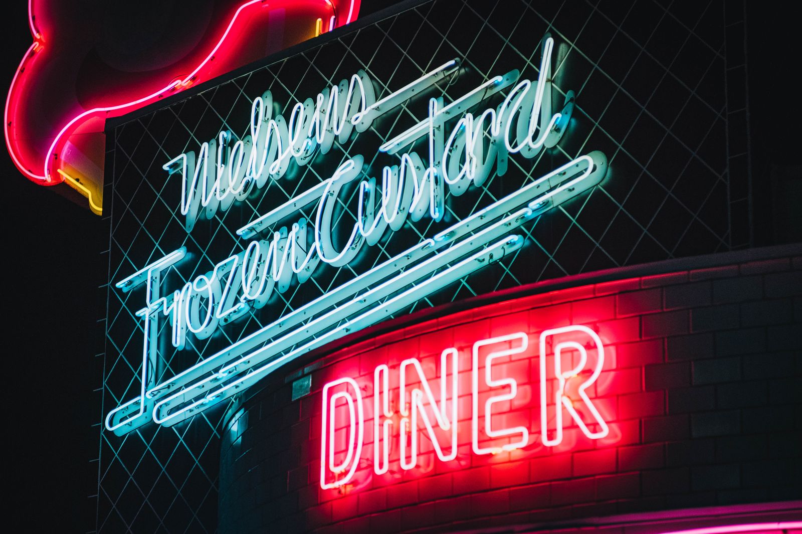 Restored diner neon sign fully lit